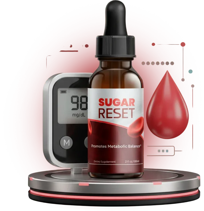Sugar Reset dropper bottle on a glowing stand